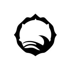 Black and white minimalist floral logo, a bold stylized design with overlapping shapes of petals, a stylized water drop, and a circle.