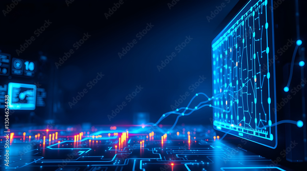 Aufkleber an abstract technology background with a computer screen. The image is dominated by a blue hue, with lines of data and circuits