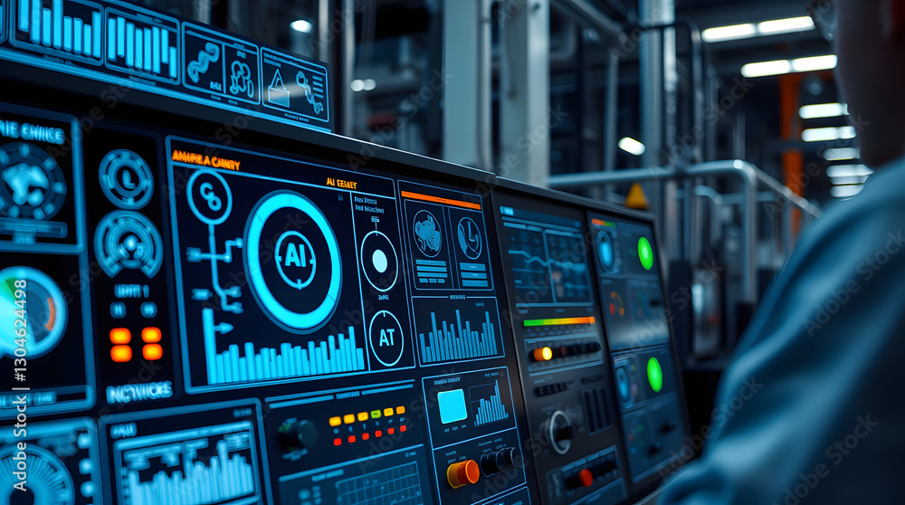 Aufkleber a person operating an advanced control panel with numerous digital displays in a factory