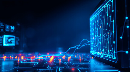 an abstract technology background with a computer screen. The image is dominated by a blue hue, with lines of data and circuits