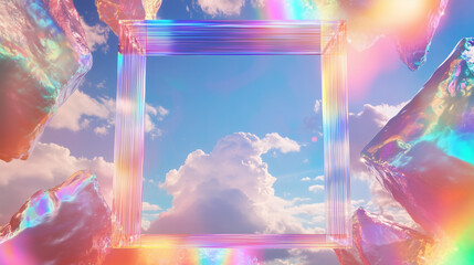 Surreal iridescent crystal frame floating in a dreamy sky with glowing clouds and abstract rainbow holographic reflections, perfect for futuristic design. Trendy wallpaper, background