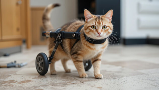 A disabled cat using a wheelchair.