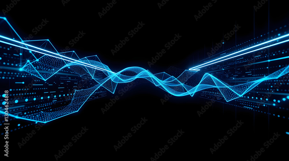 Poster Abstract digital waves in bright blue, with data lines on black background, showing concepts such as technology, internet or futuristic graphics.