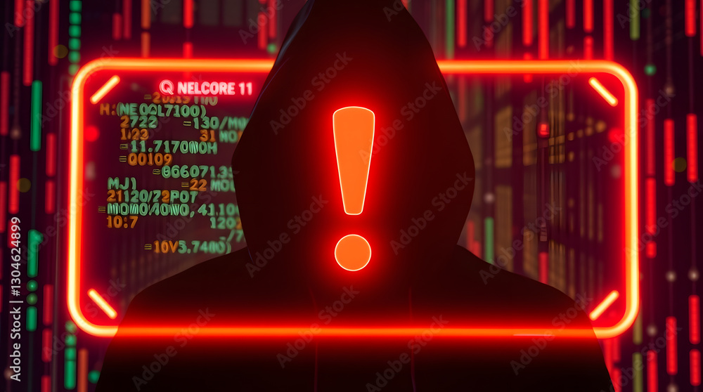 Poster a hooded figure with an exclamation mark in front of a computer screen with red neon lights 