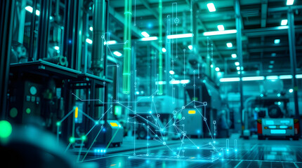 an industrial warehouse with digital network overlayed on the image. The scene highlights technological advancement and efficiency in a large-scale operation