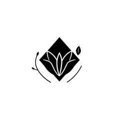 Black and white minimalist logo: Floral emblem of a flower within a diamond with hands.
