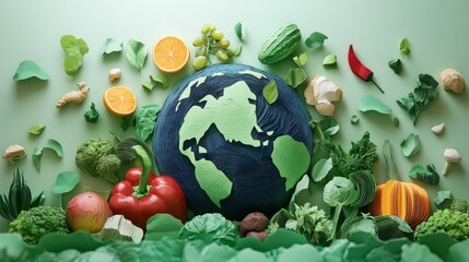 Paper sculpture style composition featuring textured blue-green Earth surrounded by floating produce silhouettes, delicate paper folds and cuts visible in each element, global cuisine symbols