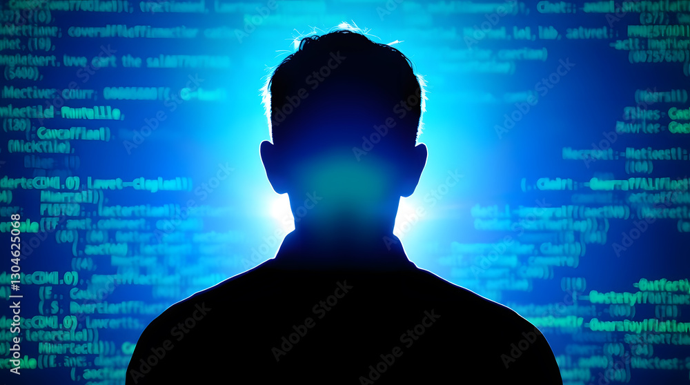 Poster a silhouette of a person, the blue background has code on it, suggesting a hacker, programmer, or a cybersecurity specialist. This image could be a symbol of technology, coding, or even data breach. 