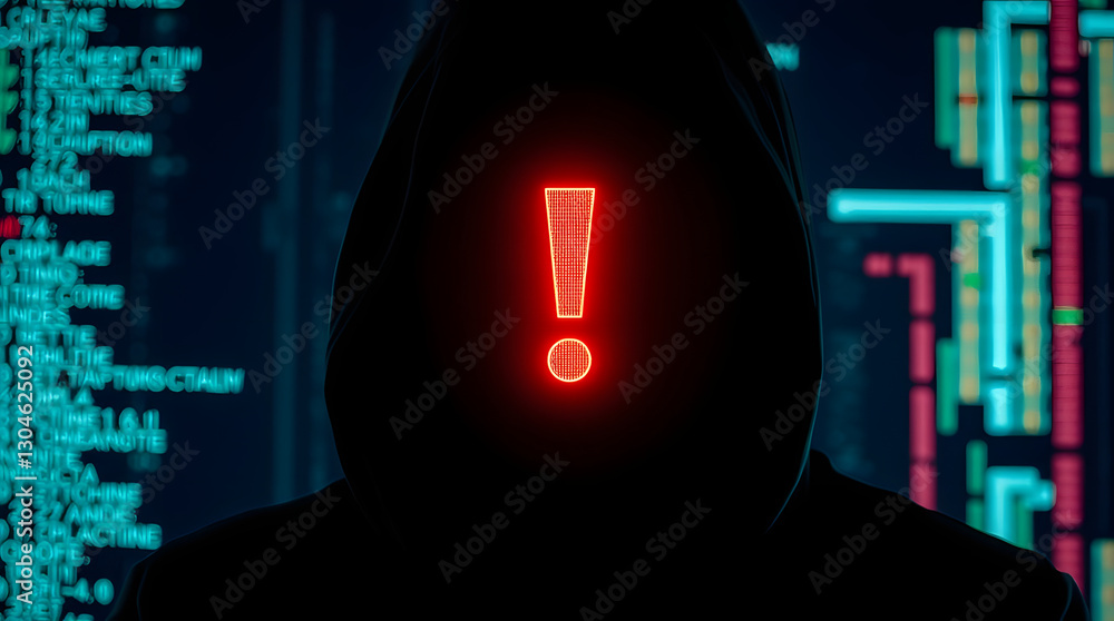 Poster a hooded silhouette with a glowing exclamation mark symbolizing hacking or a security threat in front of a data stream