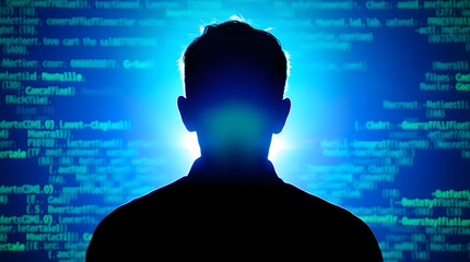 a silhouette of a person, the blue background has code on it, suggesting a hacker, programmer, or a cybersecurity specialist. This image could be a symbol of technology, coding, or even data breach. 