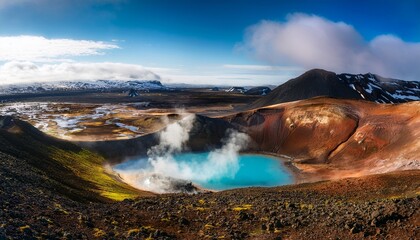 Naklejka premium Icelandic volcanic landscape featuring steaming hot springs, deep blue crater lakes, and rugged lava fields, showcasing the raw beauty and geological power of the island’s natural wonders. 