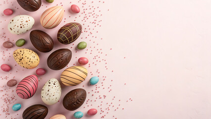 colorful easter chocolate eggs with striped and speckled designs on pink background, decorated easter chocolate eggs with pastel and bright patterns on soft pink surface