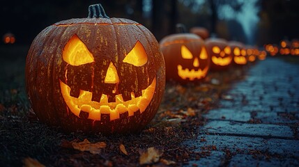 Una fila di zucche di Halloween disposte ordinatamente lungo un viale, pronte per festeggiare la notte delle streghe.

