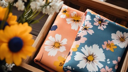 Floral Fabric Samples in Wooden Box with Flowers