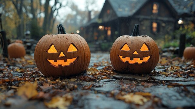 Due zucche illuminate, collocate davanti a una casa, simbolo di Halloween.