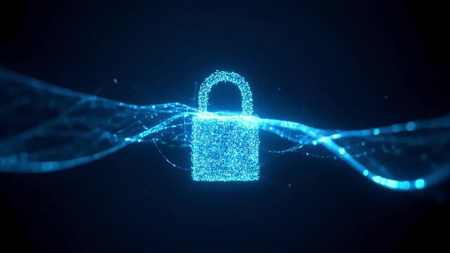 Futuristic digital padlock representing quantum encryption and cybersecurity. Glowing blue particles form a secure lock symbolizing advanced data protection and secure communication cryptography