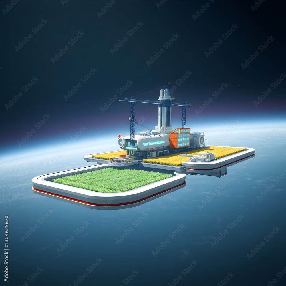 Poster futuristic space station hovering in orbit above planet. this illustration showcases advanced techno