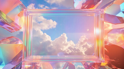 Surreal iridescent crystal frame floating in a dreamy sky with glowing clouds and abstract rainbow holographic reflections, perfect for futuristic design. Trendy wallpaper, background