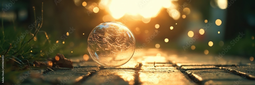 Aufkleber sunlight glimmers through a soap bubble reflecting warm tones while resting on a cobblestone pathway