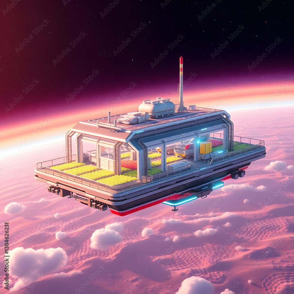 Poster a futuristic space station floating in the sky with a rocket on top