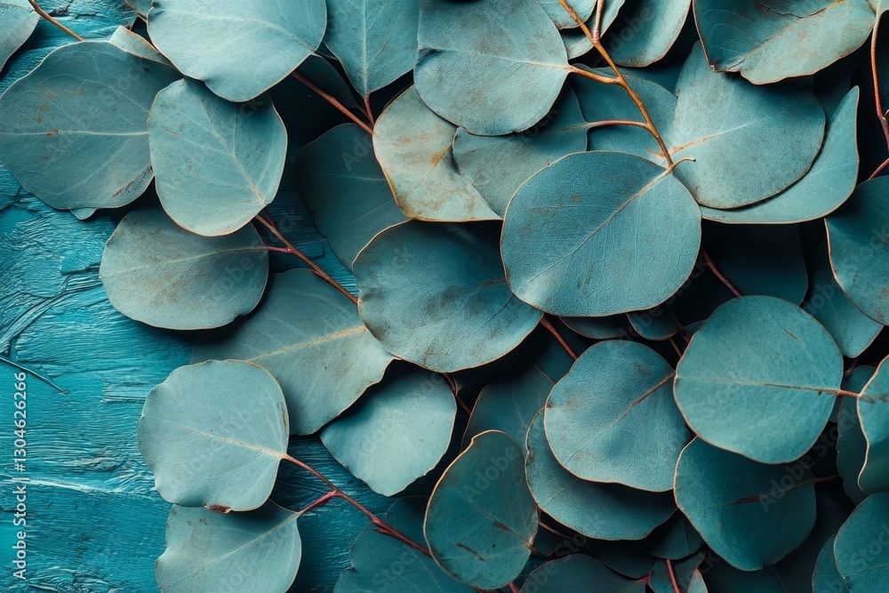 Poster a stone table holds eucalyptus leaves and is encircled by a frame made from branches of the eucalypt
