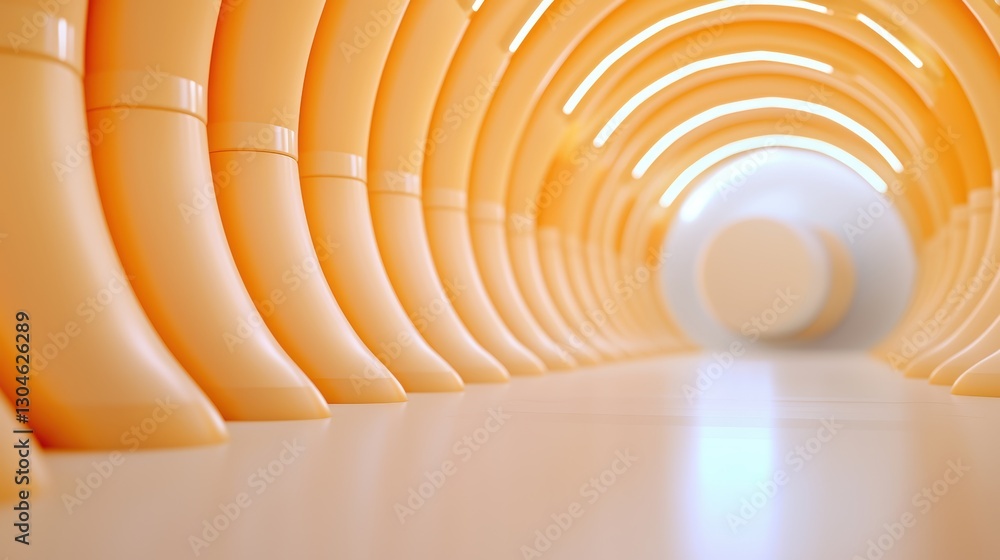 Poster a visually striking interior featuring smooth, curved orange structures illuminated by soft lights, 