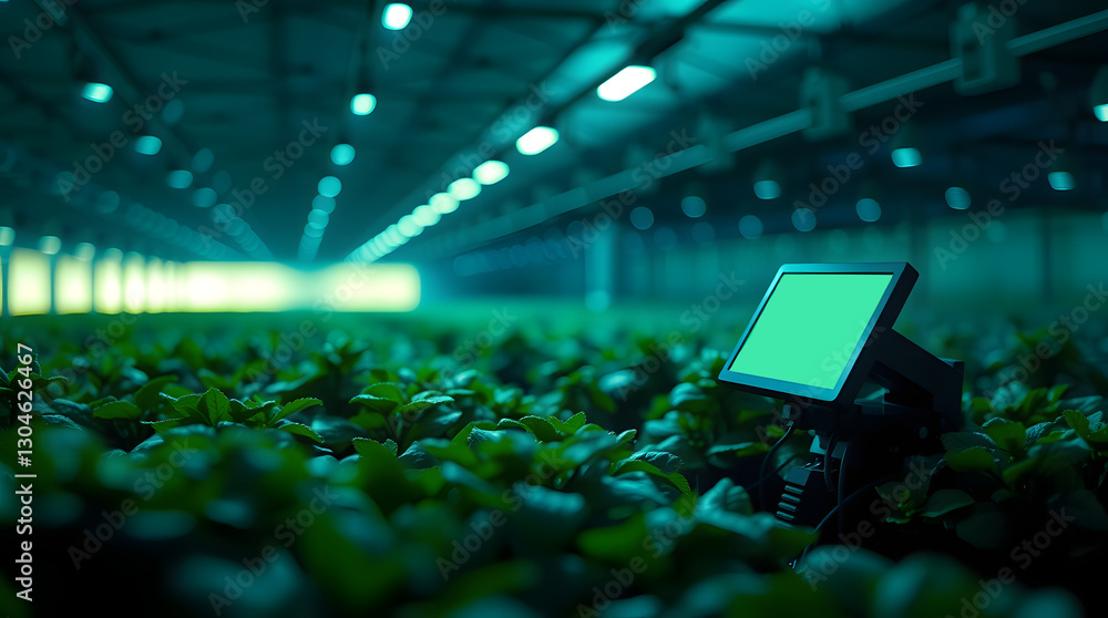 Aufkleber a smart tablet with a green screen is placed in an indoor vertical farm and monitoring the plant gro