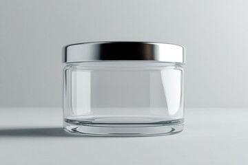 Minimalist clear glass jar with silver lid on clean white background studio shot for product mockup and design element