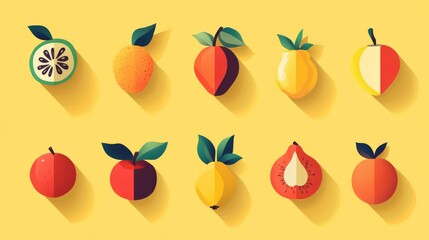 Minimalist fruit set featuring essential characteristic details, geometric interpretation of natural textures and patterns, thoughtful color blocking technique, clean outlines defining each fruit