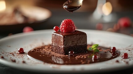 A decadent dark chocolate dessert, its surface adorned with a delicate spoon, inviting indulgence and a moment of pure pleasure.