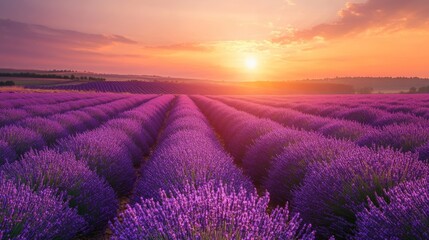 Obraz premium sea of lavender fields stretching toward the horizon, golden sunlight setting behind distant rolling hills, 16:9