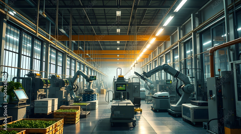 Poster modern automated factory with robotic arms and machinery, illustrating industry and technology