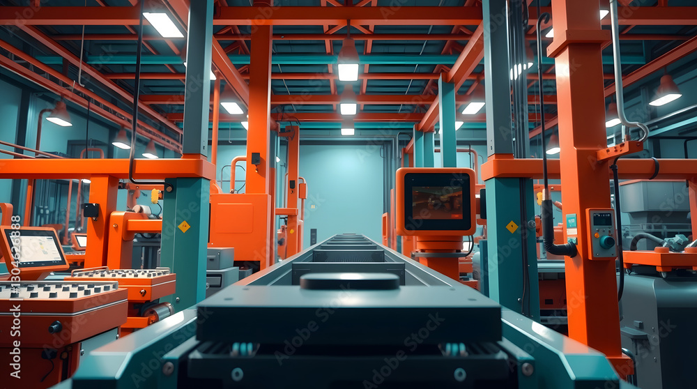 Poster interior of a modern, technologically advanced factory with a focus on production lines and machiner
