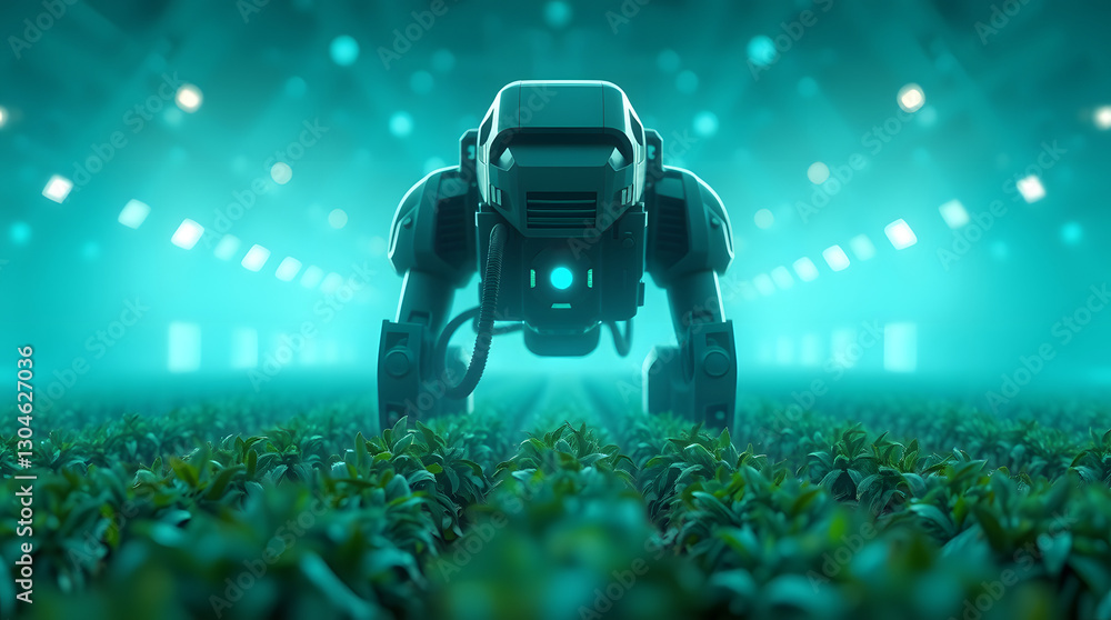 Aufkleber a robot exploring a field of crops, surrounded by a stadium