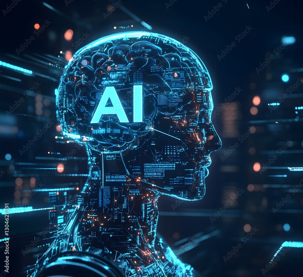 Poster a futuristic ai-human hybrid with circuits and a neon glow. the ai's head, a complex network of circ