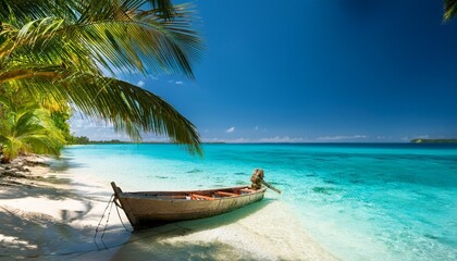Obraz premium A hidden tropical beach with crystal-clear turquoise water, overhanging palm trees providing shade, and a wooden boat gently resting on the shore, offering a peaceful paradise retreat. 