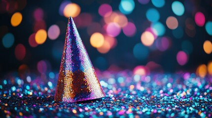 A party hat, adorned with a dazzling array of iridescent sequins, gleamed under the festive lights, promising a night filled with joyous celebrations and laughter.