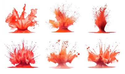 Six vibrant red and orange paint explosions isolated on white.