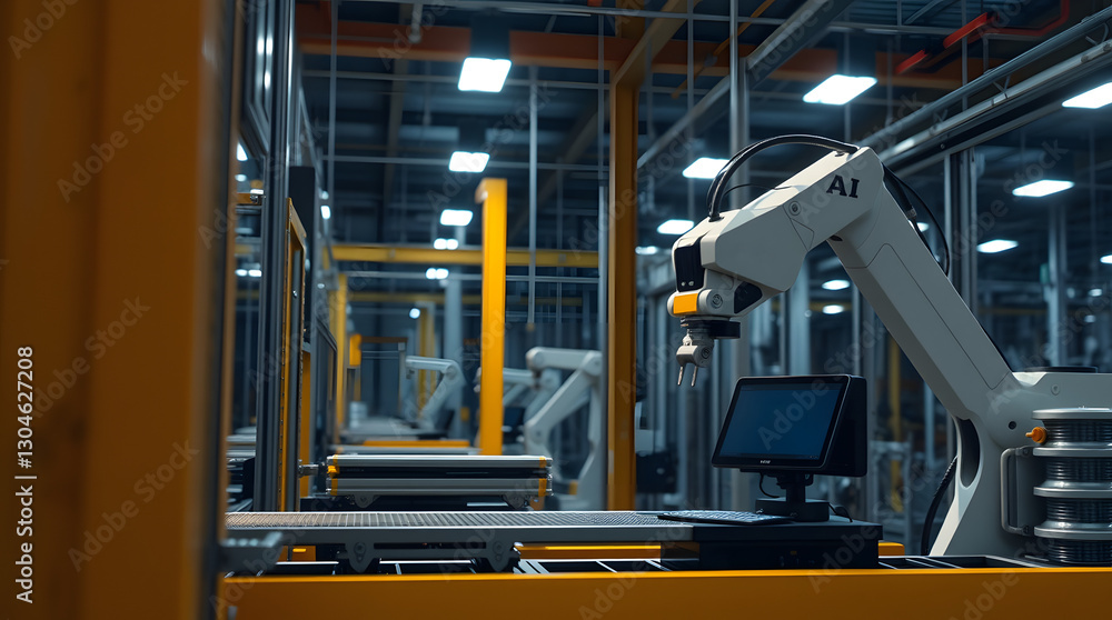 Poster robotic arms working on an automated assembly line in a modern factory, showcasing industry and inno