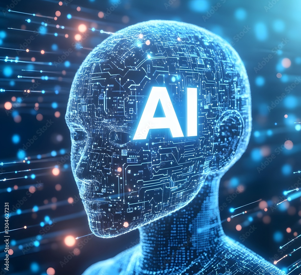 Poster a digital illustration of ai artificial intelligence head, illuminated with circuits and the letters
