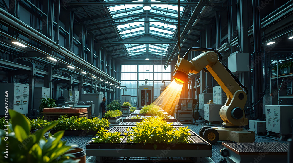 Poster an automated robotic arm tending to plants inside a modern industrial greenhouse