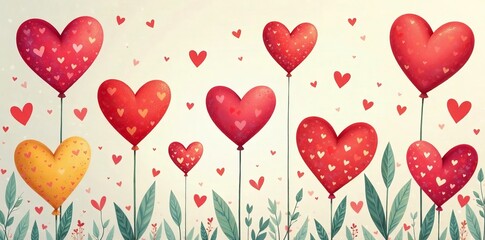 Colorful and joyful heart illustrations in a seamless design, pattern, cheerful