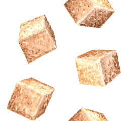 Brown sugar cubes. Seamless pattern. Hand drawn watercolor illustration. Product of sugar cane processing. Natural sweet food design. Ingredient for cooking, spice. Template for food design, packaging