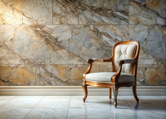 16K ultra HD:  White marble and stone wall backdrop featuring a chair; understated abs add intrigue.