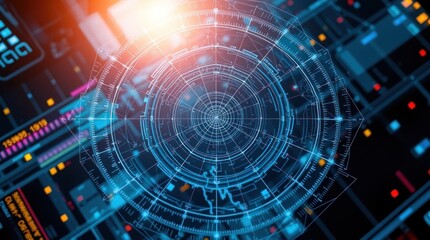 Naklejka premium Futuristic Technology Interface with Glowing Lines and Digital Information Display