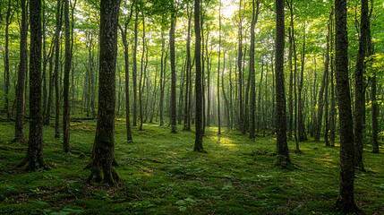 A serene forest scene with tall trees bathed in soft sunlight, highlighting lush green foliage and a tranquil atmosphere.
