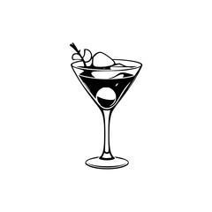 Elegant Martini Silhouette with Olive and Ice, Black and White minimalist, minimalistic line art style