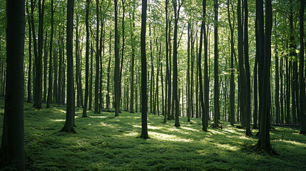 Obraz premium A tranquil forest scene with tall trees and lush green foliage, illuminated by soft sunlight filtering through the leaves.