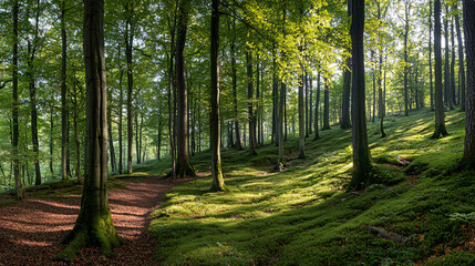 Obraz premium A serene forest scene with tall trees, dappled sunlight, and a carpet of green moss, creating a peaceful atmosphere.