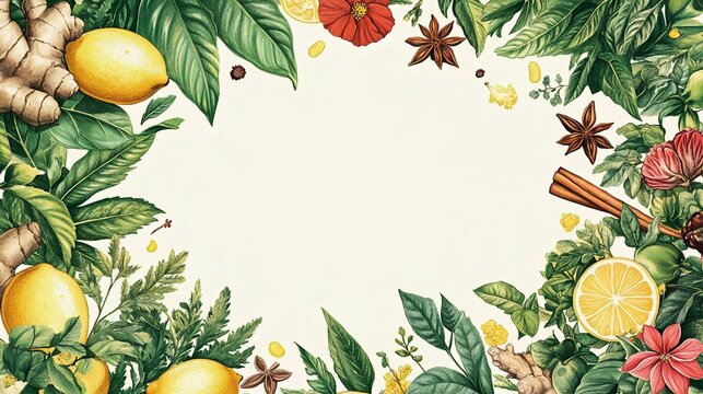 A vibrant botanical frame featuring lemons, herbs, and colorful flowers, perfect for invitations or culinary themes.